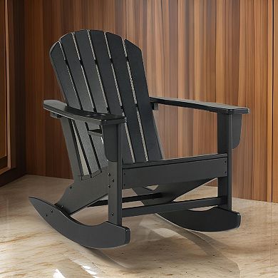 Sami 35 Inch Outdoor Rocking Chair, Slatted Design, Modern Black Finish