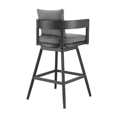 Enya 30 Inch Outdoor Swivel Barstool Chair, Gray Aluminum, Cushions