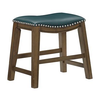 Miel 20 Inch Dining Stool, Green Faux Leather, Brown Solid Wood, Nailheads