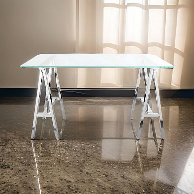 Rani 55 Inch Office Desk, Tempered Glass Top, Modern Chrome Steel Frame