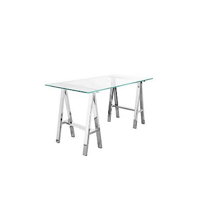 Rani 55 Inch Office Desk, Tempered Glass Top, Modern Chrome Steel Frame