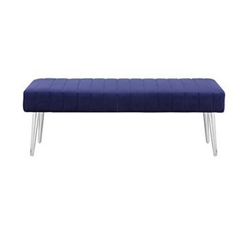 Lida 45 Inch Bench, Modern Tufted Lines, Blue Soft Velvet, Chrome Metal