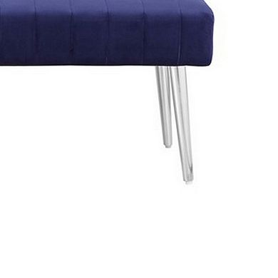 Lida 45 Inch Bench, Modern Tufted Lines, Blue Soft Velvet, Chrome Metal
