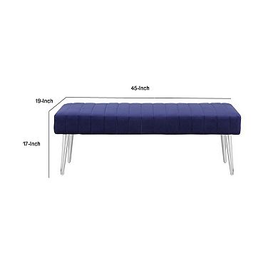 Lida 45 Inch Bench, Modern Tufted Lines, Blue Soft Velvet, Chrome Metal