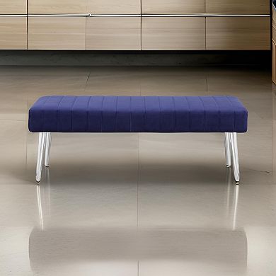 Lida 45 Inch Bench, Modern Tufted Lines, Blue Soft Velvet, Chrome Metal
