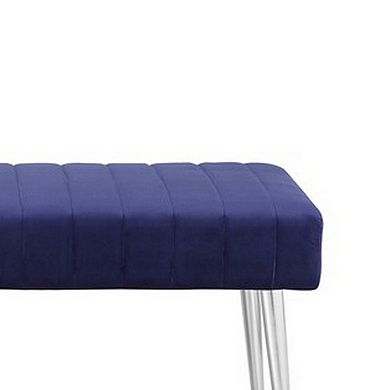 Lida 45 Inch Bench, Modern Tufted Lines, Blue Soft Velvet, Chrome Metal
