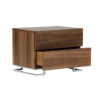 Sam 20 Inch Nightstand, 2 Drawers, Walnut Brown, High Polished Metal Legs
