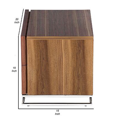 Sam 20 Inch Nightstand, 2 Drawers, Walnut Brown, High Polished Metal Legs