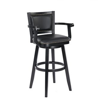 Kera 36 Inch Extra Tall Swivel Barstool Chair, Black Faux Leather, Nailhead