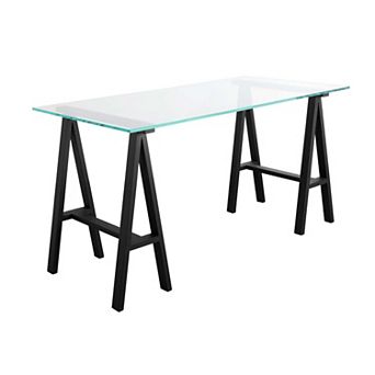 Rani 55 Inch Office Desk, Tempered Glass Top, Modern Black Steel Frame