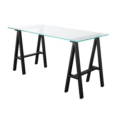 Rani 55 Inch Office Desk, Tempered Glass Top, Modern Black Steel Frame
