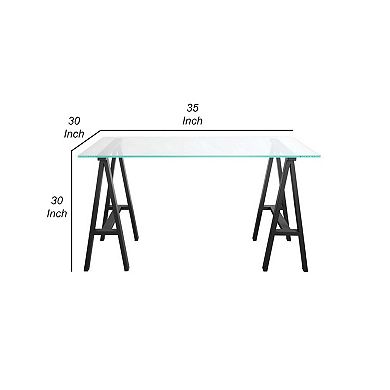 Rani 55 Inch Office Desk, Tempered Glass Top, Modern Black Steel Frame