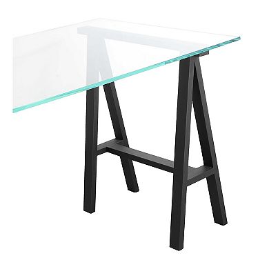Rani 55 Inch Office Desk, Tempered Glass Top, Modern Black Steel Frame