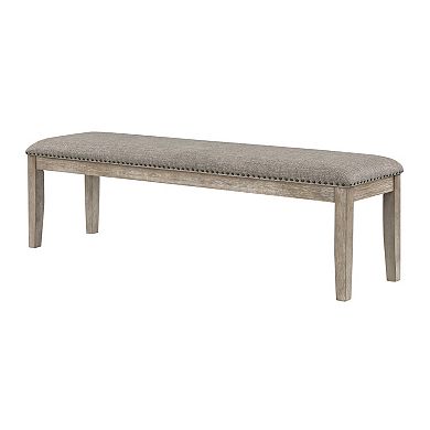 Ruth 64 Inch Bench, Nailhead Trim, Polyester Upholstery, Gray Solid Wood