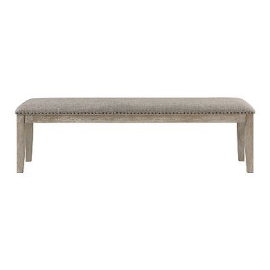 Ruth 64 Inch Bench, Nailhead Trim, Polyester Upholstery, Gray Solid Wood