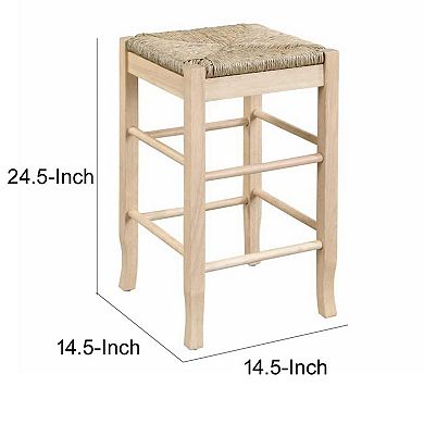 25 Inch Backless Counter Stool, Woven Rattan, Oak Brown Rubberwood Frame