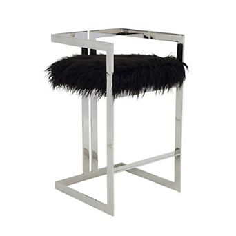 Suki 30 Inch Barstool Chair, Cushioned Black Faux Fur, Silver Cantilever
