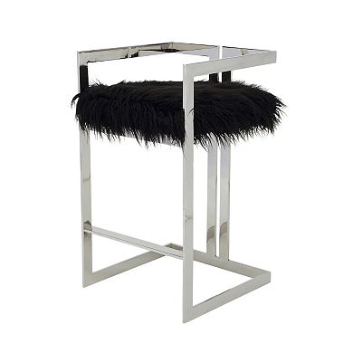 Suki 30 Inch Barstool Chair, Cushioned Black Faux Fur, Silver Cantilever
