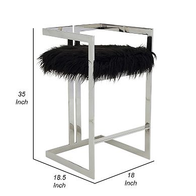 Suki 30 Inch Barstool Chair, Cushioned Black Faux Fur, Silver Cantilever