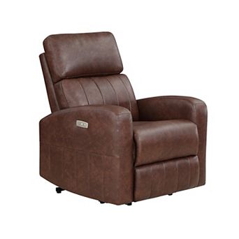 Eva 38 Inch Power Lift Recliner Chair, Brown Faux Leather, Solid Wood