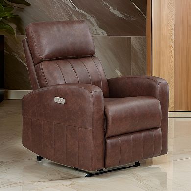 Eva 38 Inch Power Lift Recliner Chair, Brown Faux Leather, Solid Wood