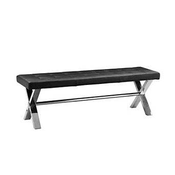 55 Inch Bench, Tufted Cushioned Seat, Smooth Black Faux Leather Upholstery