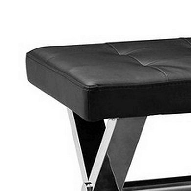 55 Inch Bench, Tufted Cushioned Seat, Smooth Black Faux Leather Upholstery
