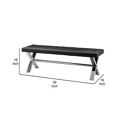 55 Inch Bench, Tufted Cushioned Seat, Smooth Black Faux Leather Upholstery