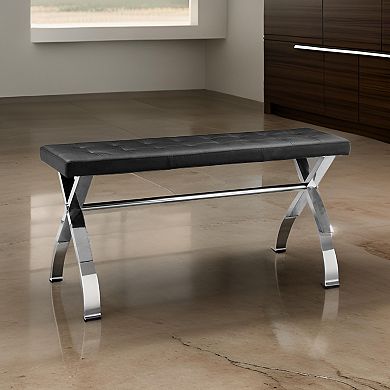 55 Inch Bench, Tufted Cushioned Seat, Smooth Black Faux Leather Upholstery