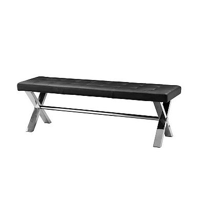 55 Inch Bench, Tufted Cushioned Seat, Smooth Black Faux Leather Upholstery