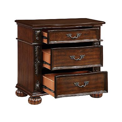 Nami 32 Inch Nightstand, 3 Drawers, Leaf Carvings, Cherry Brown Solid Wood