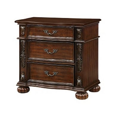 Nami 32 Inch Nightstand, 3 Drawers, Leaf Carvings, Cherry Brown Solid Wood