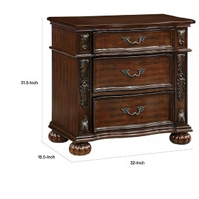Nami 32 Inch Nightstand, 3 Drawers, Leaf Carvings, Cherry Brown Solid Wood