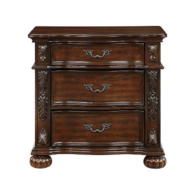 Nami 32 Inch Nightstand, 3 Drawers, Leaf Carvings, Cherry Brown Solid Wood