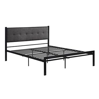 Sam Queen Platform Bed, Polyester Upholstered Tufted Headboard, Black Metal