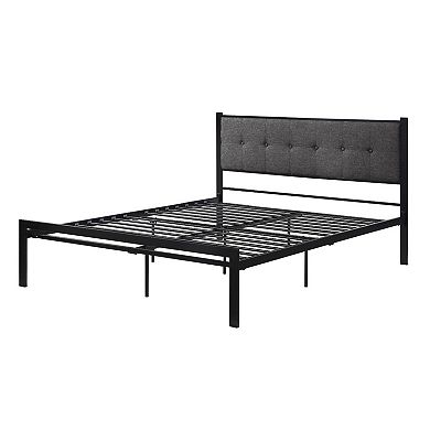 Sam Queen Platform Bed, Polyester Upholstered Tufted Headboard, Black Metal
