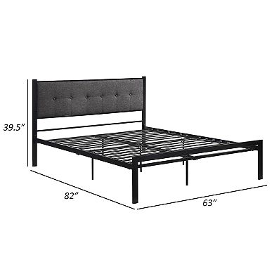 Sam Queen Platform Bed, Polyester Upholstered Tufted Headboard, Black Metal