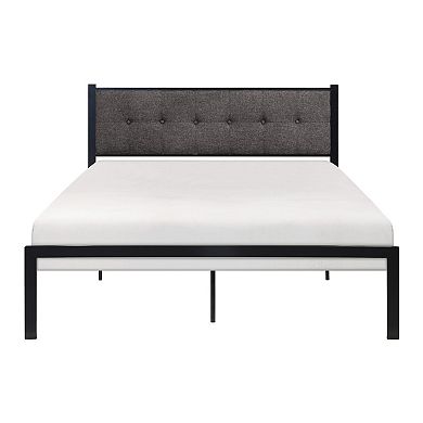 Sam Queen Platform Bed, Polyester Upholstered Tufted Headboard, Black Metal