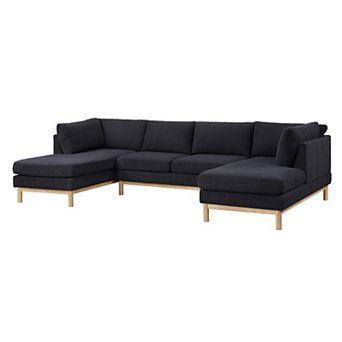 Hle 124 Inch Wide Sectional Sofa Double Chaise, U Shape, Black Sherpa, Wood