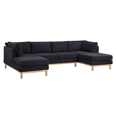 Hle 124 Inch Wide Sectional Sofa Double Chaise, U Shape, Black Sherpa, Wood