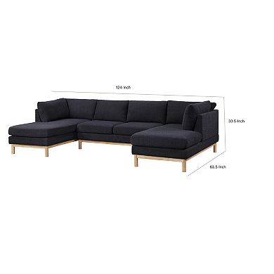Hle 124 Inch Wide Sectional Sofa Double Chaise, U Shape, Black Sherpa, Wood