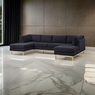 Hle 124 Inch Wide Sectional Sofa Double Chaise, U Shape, Black Sherpa, Wood