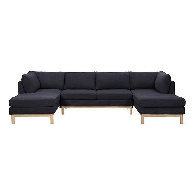 Hle 124 Inch Wide Sectional Sofa Double Chaise, U Shape, Black Sherpa, Wood
