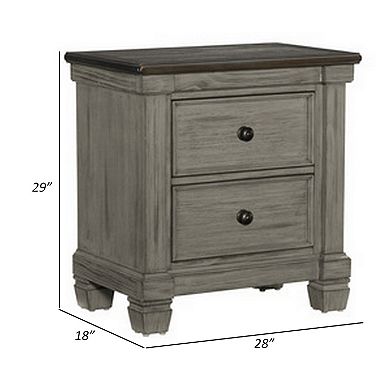Cadie 29 Inch Nightstand, 2 Drawers, Coffee Brown, Antique Gray Wood