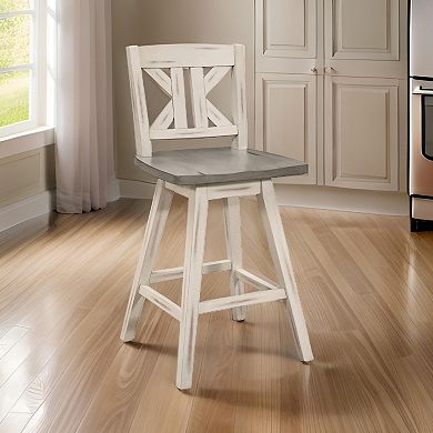 Ati 29 Inch Bar Height Stool Swivel Chairs Set Of 2, Divided X Back, Gray, White
