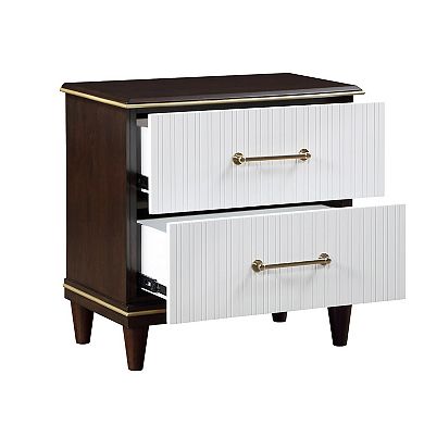 Shim 29 Inch Nightstand With 2 Drawers, Gold, White, And Cherry Brown Wood