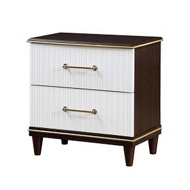 Shim 29 Inch Nightstand With 2 Drawers, Gold, White, And Cherry Brown Wood