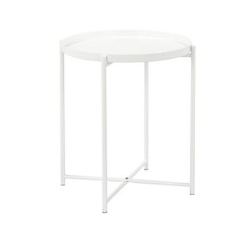 Ely 21 Inch Side End Table, White Round Tray Top, Modern Open Metal Frame