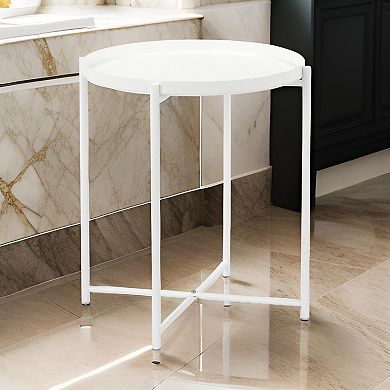 Ely 21 Inch Side End Table, White Round Tray Top, Modern Open Metal Frame