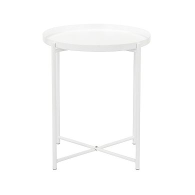 Ely 21 Inch Side End Table, White Round Tray Top, Modern Open Metal Frame